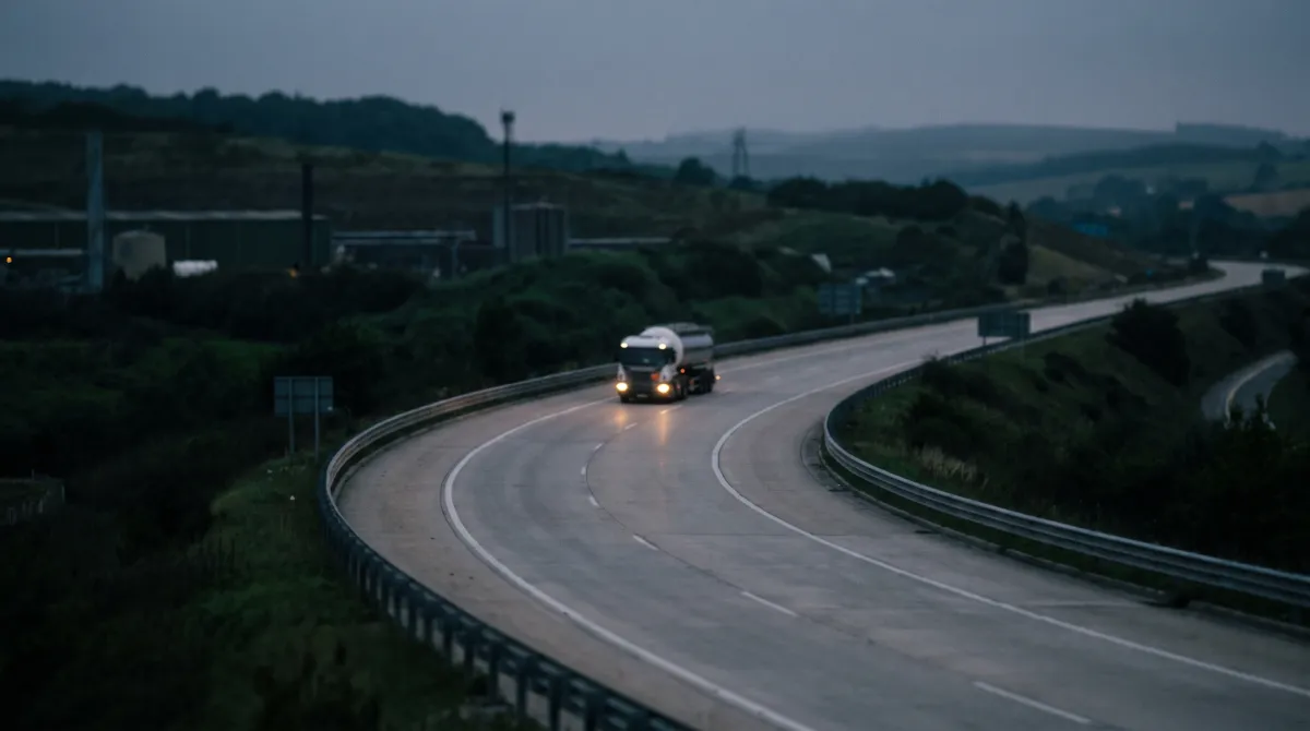 Autocisterna su autostrada al crepuscolo vista da lontano con fari accesi
