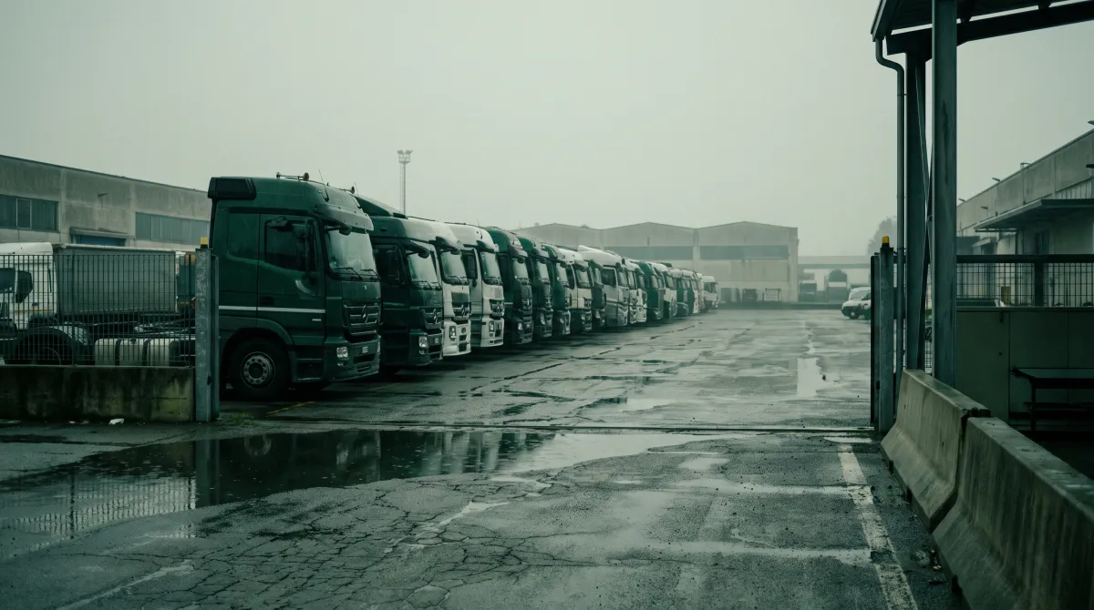 Fila di motrici parcheggiate in un deposito merci all'alba con asfalto bagnato