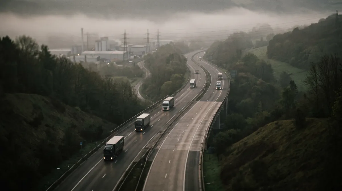 Vista dall'alto di un'autostrada percorsa da mezzi pesanti all'alba con foschia