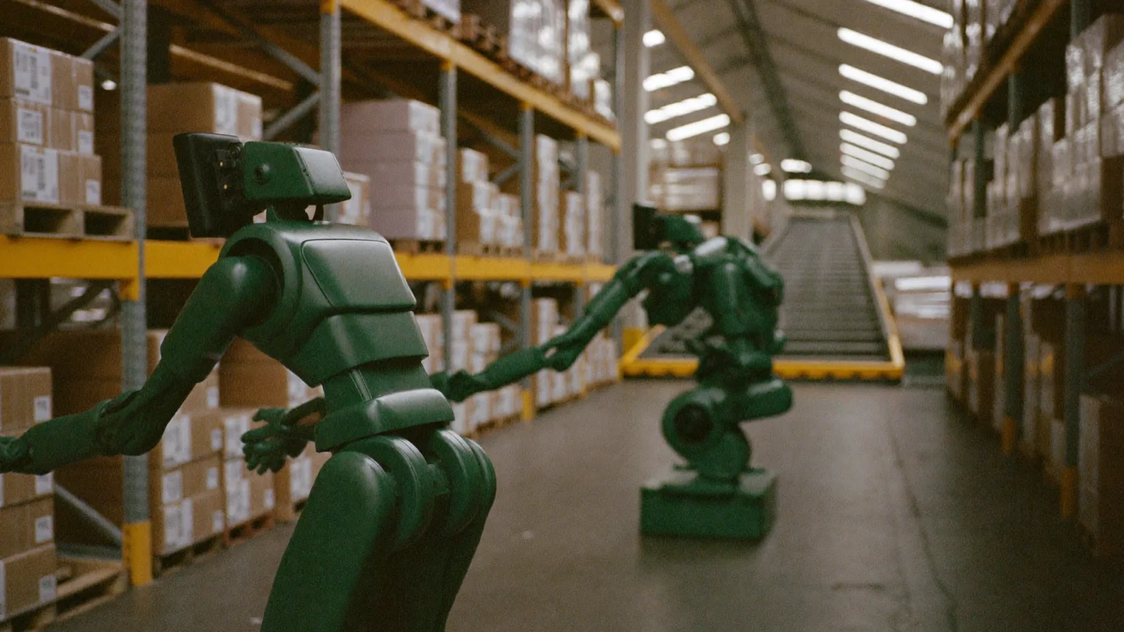 Robot mobili autonomi tra scaffalature alte in un magazzino logistico moderno