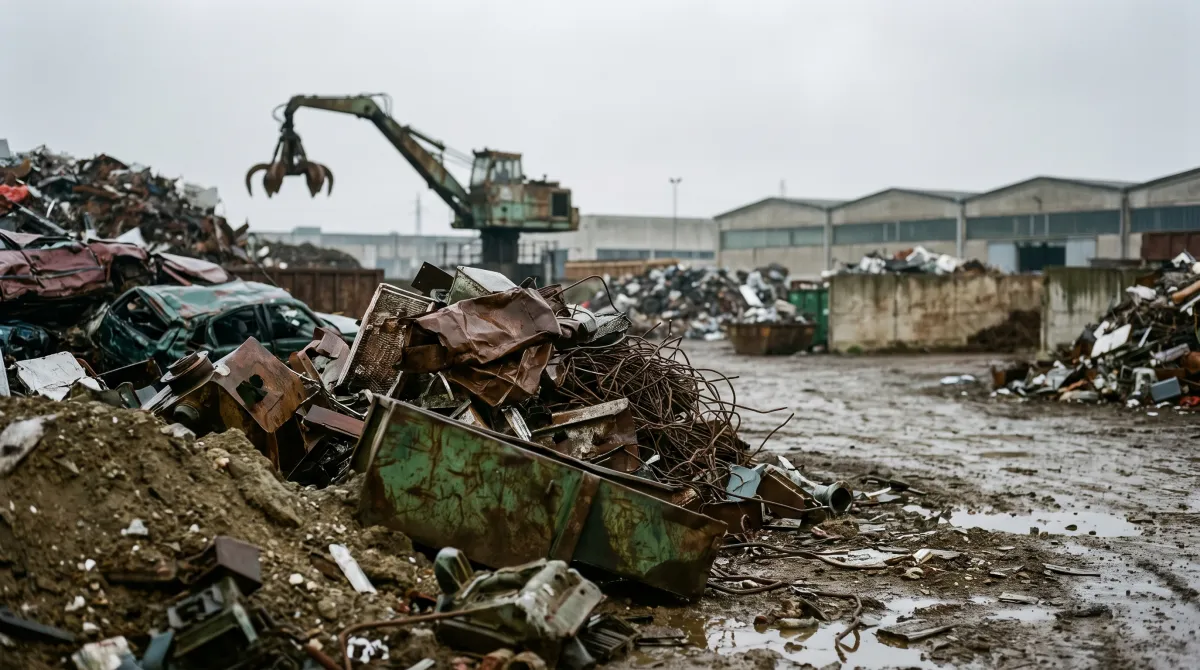 Piazzale di riciclo industriale con cumuli di rottami metallici e gru a polipo in lontananza